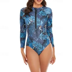 Women's Rash Guard One Piece Swimsuit Lightweight Long Sleeve Bodysuit Bathing Suit Front Zip Swimming Surfing Beach Water Sports Floral Patchwork Printed Summer Spring Autumn