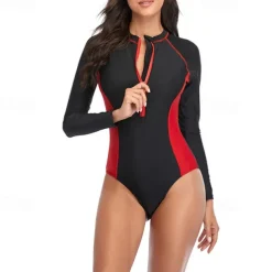 Women's Rash Guard One Piece Swimsuit Lightweight Long Sleeve Bodysuit Bathing Suit Front Zip Swimming Surfing Beach Water Sports Floral Patchwork Printed Summer Spring Autumn