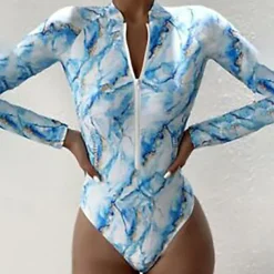 Women's Rash Guard One Piece Swimsuit UV Sun Protection UPF50+ Breathable Long Sleeve Swimwear Bathing Suit Front Zip Swimming Surfing Beach Water Sports Printed Spring Summer / Quick Dry / Quick Dry