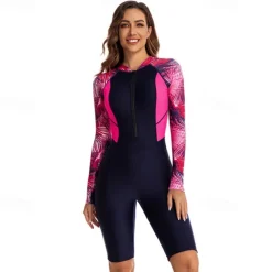 Women's Rash Guard One Piece Swimsuit UV Sun Protection UPF50+ Lightweight Long Sleeve Spandex Bodysuit Bathing Suit Front Zip Swimming Surfing Beach Water Sports Printed Summer Spring Autumn