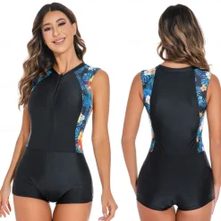 Women's Rash Guard One Piece Swimsuit UV Sun Protection UPF50+ Quick Dry Sleeveless Swimwear Bathing Suit Front Zip Boyleg Swimming Diving Surfing Beach Floral Autumn / Fall Spring Summer