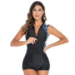 Women's Rash Guard One Piece Swimsuit UV Sun Protection UPF50+ Quick Dry Sleeveless Swimwear Bathing Suit Front Zip Boyleg Swimming Diving Surfing Beach Floral Autumn / Fall Spring Summer