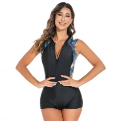 Women's Rash Guard One Piece Swimsuit UV Sun Protection UPF50+ Quick Dry Sleeveless Swimwear Bathing Suit Front Zip Boyleg Swimming Diving Surfing Beach Floral Autumn / Fall Spring Summer
