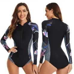 Women's Rash Guard One Piece Swimsuit UV Sun Protection UPF50+ Lightweight Long Sleeve Spandex Bodysuit Bathing Suit Front Zip Swimming Surfing Beach Water Sports Floral Printed Summer Spring Autumn