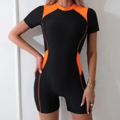 Women's Rash Guard One Piece Swimsuit Lightweight Short Sleeve Bodysuit Bathing Suit Swimming Surfing Beach Water Sports Patchwork Summer Spring Autumn