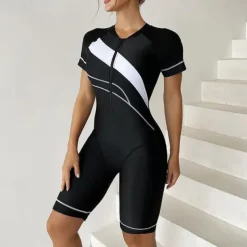 Women's Rash Guard One Piece Swimsuit Lightweight Short Sleeve Bodysuit Bathing Suit Front Zip Swimming Surfing Beach Water Sports Patchwork Printed Summer Spring Autumn