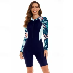 Women's Rash Guard One Piece Swimsuit UV Sun Protection UPF50+ Lightweight Long Sleeve Spandex Bodysuit Bathing Suit Front Zip Swimming Surfing Beach Water Sports Floral Summer Spring Autumn