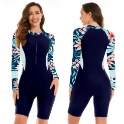 Women's Rash Guard One Piece Swimsuit UV Sun Protection UPF50+ Lightweight Long Sleeve Spandex Bodysuit Bathing Suit Front Zip Swimming Surfing Beach Water Sports Floral Summer Spring Autumn