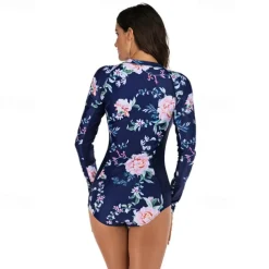 Women's Rash Guard One Piece Swimsuit UV Sun Protection UPF50+ Lightweight Long Sleeve Spandex Bodysuit Bathing Suit Front Zip Swimming Surfing Beach Water Sports Floral Summer Spring Autumn