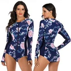 Women's Rash Guard One Piece Swimsuit UV Sun Protection UPF50+ Lightweight Long Sleeve Spandex Bodysuit Bathing Suit Front Zip Swimming Surfing Beach Water Sports Floral Summer Spring Autumn