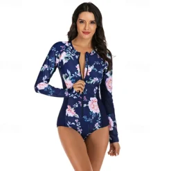 Women's Rash Guard One Piece Swimsuit UV Sun Protection UPF50+ Lightweight Long Sleeve Spandex Bodysuit Bathing Suit Front Zip Swimming Surfing Beach Water Sports Floral Summer Spring Autumn