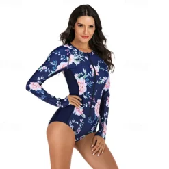 Women's Rash Guard One Piece Swimsuit UV Sun Protection UPF50+ Lightweight Long Sleeve Spandex Bodysuit Bathing Suit Front Zip Swimming Surfing Beach Water Sports Floral Summer Spring Autumn