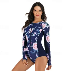 Women's Rash Guard One Piece Swimsuit UV Sun Protection UPF50+ Lightweight Long Sleeve Spandex Bodysuit Bathing Suit Front Zip Swimming Surfing Beach Water Sports Floral Summer Spring Autumn