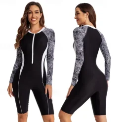 Women's Rash Guard One Piece Swimsuit UV Sun Protection UPF50+ Lightweight Long Sleeve Spandex Bodysuit Bathing Suit Front Zip Swimming Surfing Beach Water Sports Printed Summer Spring Autumn