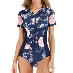 Women's Rash Guard One Piece Swimsuit UV Sun Protection Breathable Quick Dry Short Sleeve Bodysuit Bathing Suit Front Zip Swimming Surfing Beach Water Sports Floral Summer / Stretchy / Lightweight