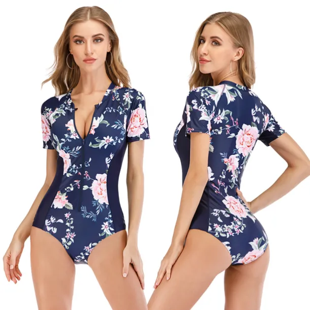 Women's Rash Guard One Piece Swimsuit UV Sun Protection Breathable Quick Dry Short Sleeve Bodysuit Bathing Suit Front Zip Swimming Surfing Beach Water Sports Floral Summer / Stretchy / Lightweight