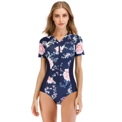 Women's Rash Guard One Piece Swimsuit UV Sun Protection Breathable Quick Dry Short Sleeve Bodysuit Bathing Suit Front Zip Swimming Surfing Beach Water Sports Floral Summer / Stretchy / Lightweight