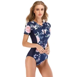Women's Rash Guard One Piece Swimsuit UV Sun Protection Breathable Quick Dry Short Sleeve Bodysuit Bathing Suit Front Zip Swimming Surfing Beach Water Sports Floral Summer / Stretchy / Lightweight