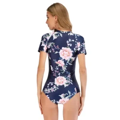 Women's Rash Guard One Piece Swimsuit UV Sun Protection Breathable Quick Dry Short Sleeve Bodysuit Bathing Suit Front Zip Swimming Surfing Beach Water Sports Floral Summer / Stretchy / Lightweight