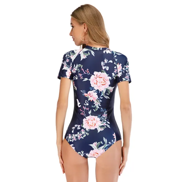 Women's Rash Guard One Piece Swimsuit UV Sun Protection Breathable Quick Dry Short Sleeve Bodysuit Bathing Suit Front Zip Swimming Surfing Beach Water Sports Floral Summer / Stretchy / Lightweight