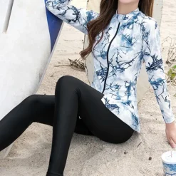 Women's Rash Guard Rash guard Swimsuit UV Sun Protection UPF50+ Breathable Long Sleeve Swimwear Bathing Suit Front Zip 5-Piece Swimming Surfing Snorkeling Beach Printed Autumn / Fall Spring Summer