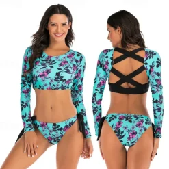 Women's Rash guard Swimsuit UV Sun Protection UPF50+ Breathable Long Sleeve Spandex Swimwear Swimsuit 2 Piece Open Back Swimming Surfing Beach Water Sports Floral Summer Spring Autumn