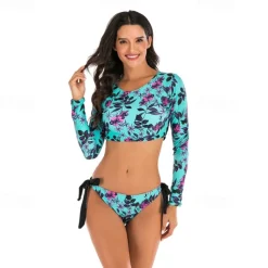 Women's Rash guard Swimsuit UV Sun Protection UPF50+ Breathable Long Sleeve Spandex Swimwear Swimsuit 2 Piece Open Back Swimming Surfing Beach Water Sports Floral Summer Spring Autumn