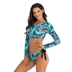 Women's Rash guard Swimsuit UV Sun Protection UPF50+ Breathable Long Sleeve Spandex Swimwear Swimsuit 2 Piece Open Back Swimming Surfing Beach Water Sports Floral Summer Spring Autumn