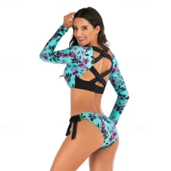 Women's Rash guard Swimsuit UV Sun Protection UPF50+ Breathable Long Sleeve Spandex Swimwear Swimsuit 2 Piece Open Back Swimming Surfing Beach Water Sports Floral Summer Spring Autumn