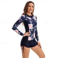 Women's Rash guard Swimsuit UV Sun Protection UPF50+ Lightweight Long Sleeve Spandex Swimwear Swimsuit 2 Piece Front Zip Swimming Surfing Beach Water Sports Floral Summer Spring Autumn