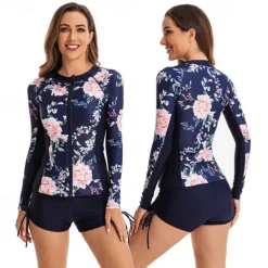 Women's Rash guard Swimsuit UV Sun Protection UPF50+ Lightweight Long Sleeve Spandex Swimwear Swimsuit 2 Piece Front Zip Swimming Surfing Beach Water Sports Floral Summer Spring Autumn