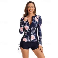Women's Rash guard Swimsuit UV Sun Protection UPF50+ Lightweight Long Sleeve Spandex Swimwear Swimsuit 2 Piece Front Zip Swimming Surfing Beach Water Sports Floral Summer Spring Autumn