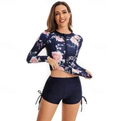 Women's Rash guard Swimsuit UV Sun Protection UPF50+ Lightweight Long Sleeve Spandex Swimwear Swimsuit 2 Piece Front Zip Swimming Surfing Beach Water Sports Floral Summer Spring Autumn