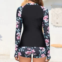 Women's Rash guard Swimsuit Breathable Quick Dry Lightweight Long Sleeve Swimwear Swimsuit 2 Piece Front Zip Swimming Surfing Beach Water Sports Floral Printed Summer Spring Autumn