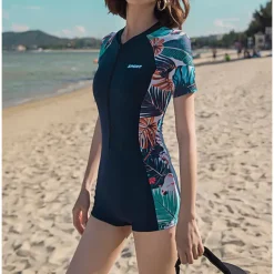 Women's Rash guard Swimsuit UV Sun Protection Breathable Quick Dry Short Sleeve Swimwear Bathing Suit Front Zip Swimming Surfing Water Sports Floral Summer