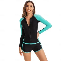 Women's Rash guard Swimsuit UV Sun Protection UPF50+ Lightweight Long Sleeve Spandex Swimwear Swimsuit 2 Piece Front Zip Swimming Surfing Beach Water Sports Patchwork Printed Summer Spring Autumn