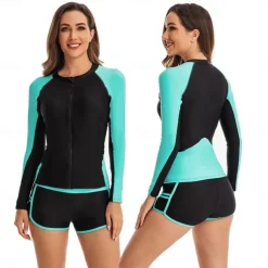 Women's Rash guard Swimsuit UV Sun Protection UPF50+ Lightweight Long Sleeve Spandex Swimwear Swimsuit 2 Piece Front Zip Swimming Surfing Beach Water Sports Patchwork Printed Summer Spring Autumn