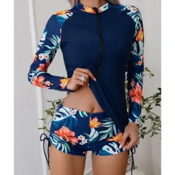 Women's Rash guard Swimsuit Lightweight Long Sleeve Swimwear Swimsuit 2 Piece Front Zip Swimming Surfing Beach Water Sports Floral Patchwork Printed Summer Spring Autumn