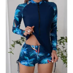 Women's Rash guard Swimsuit Lightweight Long Sleeve Swimwear Swimsuit 2 Piece Front Zip Swimming Surfing Beach Water Sports Floral Patchwork Printed Summer Spring Autumn