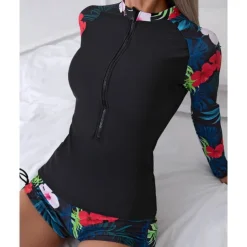 Women's Rash guard Swimsuit Lightweight Long Sleeve Swimwear Swimsuit 2 Piece Front Zip Swimming Surfing Beach Water Sports Floral Patchwork Printed Summer Spring Autumn