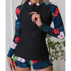 Women's Rash guard Swimsuit Lightweight Long Sleeve Swimwear Swimsuit 2 Piece Front Zip Swimming Surfing Beach Water Sports Floral Patchwork Printed Summer Spring Autumn