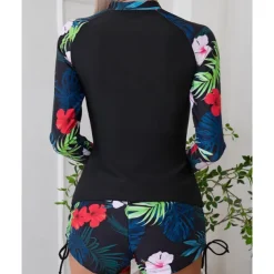 Women's Rash guard Swimsuit Lightweight Long Sleeve Swimwear Swimsuit 2 Piece Front Zip Swimming Surfing Beach Water Sports Floral Patchwork Printed Summer Spring Autumn