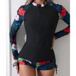 Women's Rash guard Swimsuit Lightweight Long Sleeve Swimwear Swimsuit 2 Piece Front Zip Swimming Surfing Beach Water Sports Floral Patchwork Printed Summer Spring Autumn