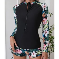 Women's Rash guard Swimsuit Lightweight Long Sleeve Swimwear Swimsuit 2 Piece Front Zip Swimming Surfing Beach Water Sports Floral Patchwork Printed Summer Spring Autumn