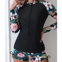 Women's Rash guard Swimsuit Lightweight Long Sleeve Swimwear Swimsuit 2 Piece Front Zip Swimming Surfing Beach Water Sports Floral Patchwork Printed Summer Spring Autumn