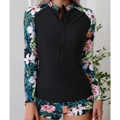 Women's Rash guard Swimsuit Lightweight Long Sleeve Swimwear Swimsuit 2 Piece Front Zip Swimming Surfing Beach Water Sports Floral Patchwork Printed Summer Spring Autumn