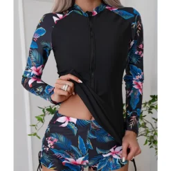 Women's Rash guard Swimsuit Lightweight Long Sleeve Swimwear Swimsuit 2 Piece Front Zip Swimming Surfing Beach Water Sports Floral Patchwork Printed Summer Spring Autumn