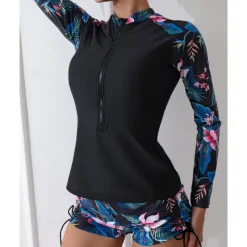 Women's Rash guard Swimsuit Lightweight Long Sleeve Swimwear Swimsuit 2 Piece Front Zip Swimming Surfing Beach Water Sports Floral Patchwork Printed Summer Spring Autumn