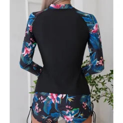 Women's Rash guard Swimsuit Lightweight Long Sleeve Swimwear Swimsuit 2 Piece Front Zip Swimming Surfing Beach Water Sports Floral Patchwork Printed Summer Spring Autumn