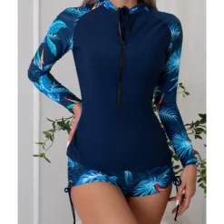 Women's Rash guard Swimsuit Lightweight Long Sleeve Swimwear Swimsuit 2 Piece Front Zip Swimming Surfing Beach Water Sports Floral Patchwork Printed Summer Spring Autumn